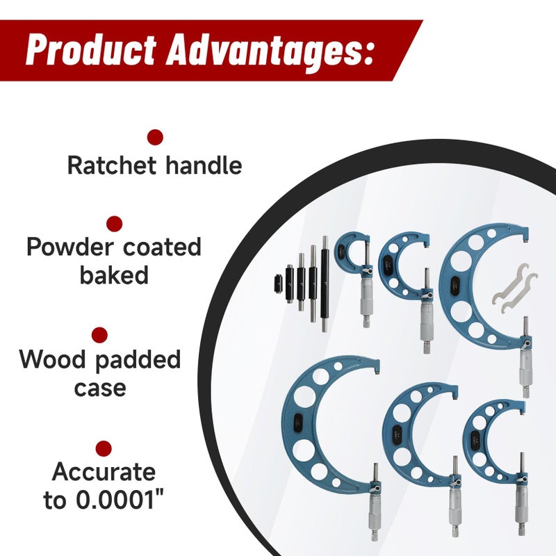 findmall 0-6" Outside Micrometer Set (0-1", 1-2", 2-3", 3-4", 4-5", 5-6"), 0.0001" Accurate Carbide Ratchet Handle Accuracy Machinist Tool Set with Carbide Tip - Image 5